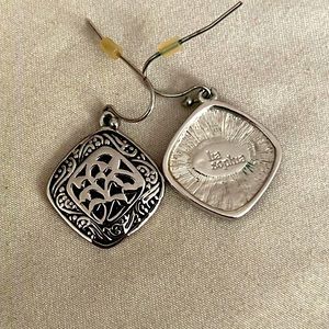 Retired Lia Sophia Sheridan square Silver tone fishhook “carved” earrings dangle